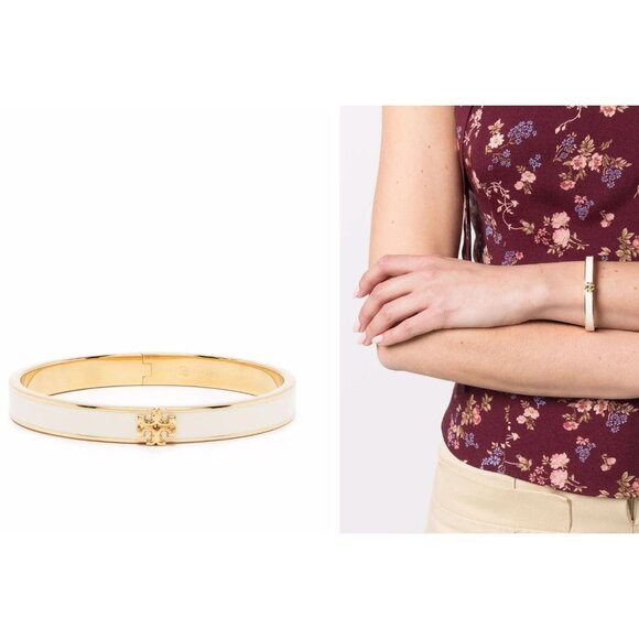 Tory Burch White and Gold Kira Hinged Bangle Bracelet - Picture 1 of 4